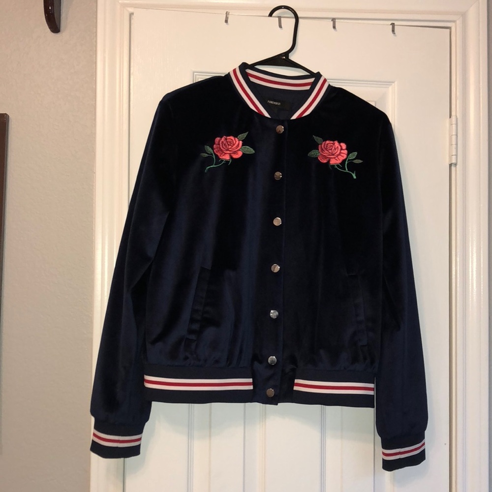 Dark blue velvet bomber jacket, rose embroidered